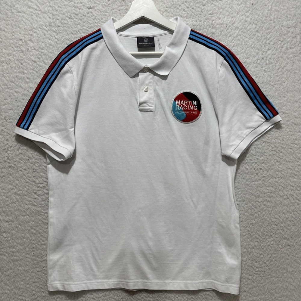 Porsche Polo Shirt‎ Women's Size M White Martini Racing Shoulder Iconic Stripes